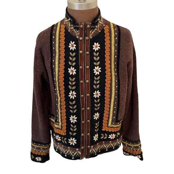 Orvis Sweaters - ORVIS Scandinavian Folk Art Cardigan Jacket Full Zip Brown Woman’s Size Small